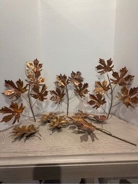 Vintage 60s MCM Brutalist Copper Brass Leaf Wall Sculpture 4 bunches, 3 singles